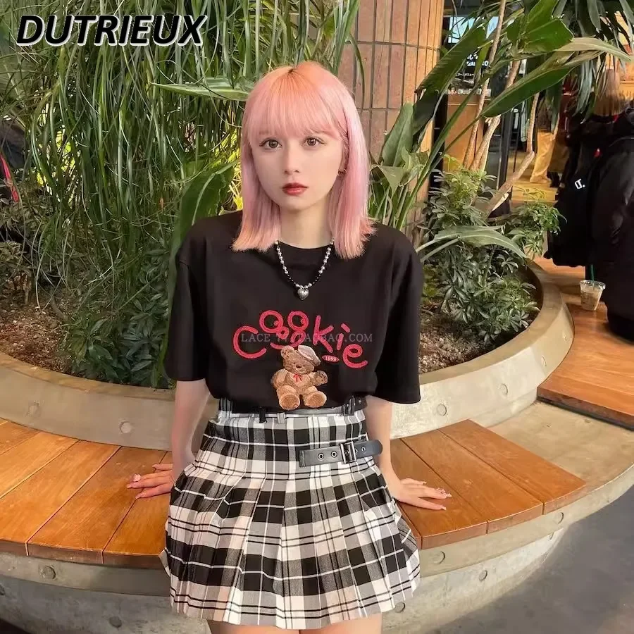 Japanese Mine Dark Harajuku Style Buckle Decoration College Pleated Skirt Sweet Girl High Waist Plaid A- Line Short Skirts