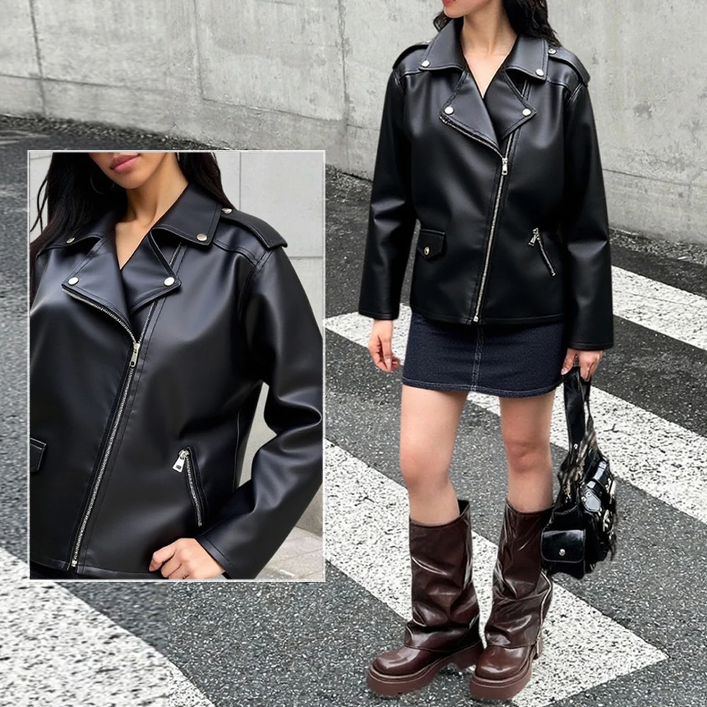 

Женская мотокуртка из веганской кожи 2025, приталенного кроя с несколькими карманами, идеально подходящая для современного остого повседневного образа