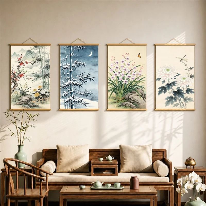 Wall Art Plum Orchid Bamboo Chrysanthemum, Oriental Minimal Pearlescent Canvas Hanging Scroll Decor for Calligraphy Studio