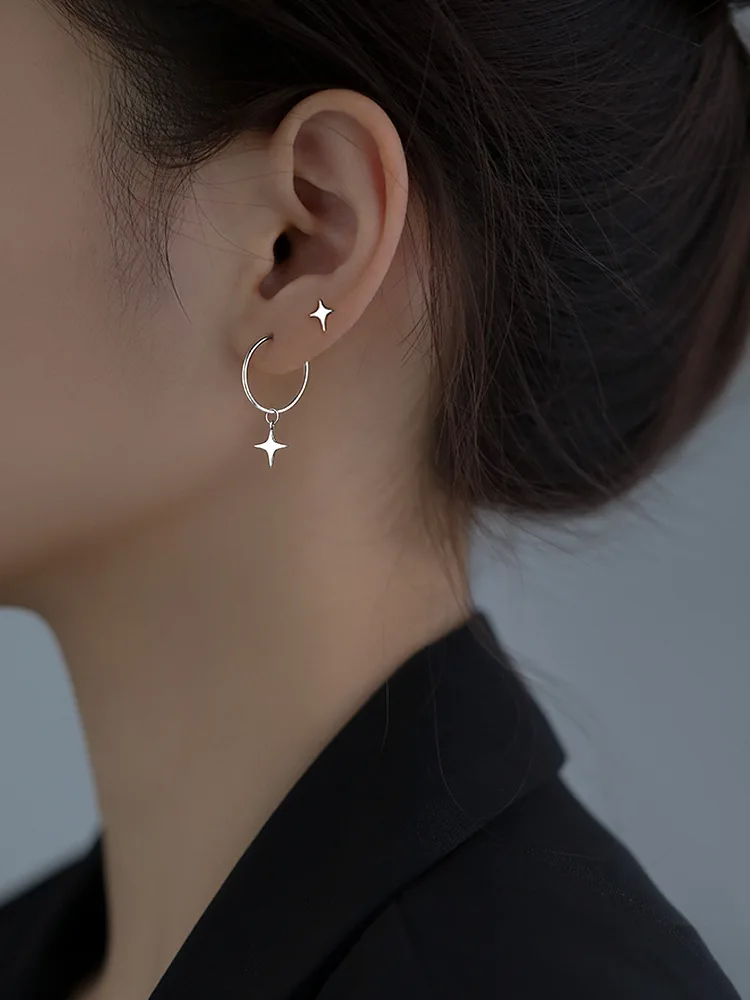 VENTFILLE 925 Stamp Asymmetrical Small Star Earrings for Women Personality Starlight Studs Earrings Korean Silver Color Jewelry