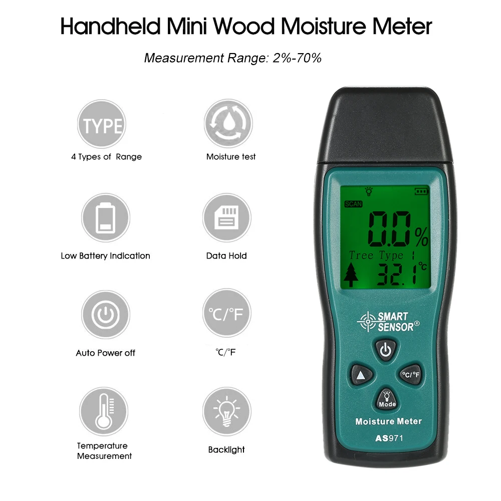 SMART SENSOR Handheld Mini Wood Moisture Meter Digital LCD Lumber Damp Meter Detector Tester 2 Pin Probe Range 2%～70%