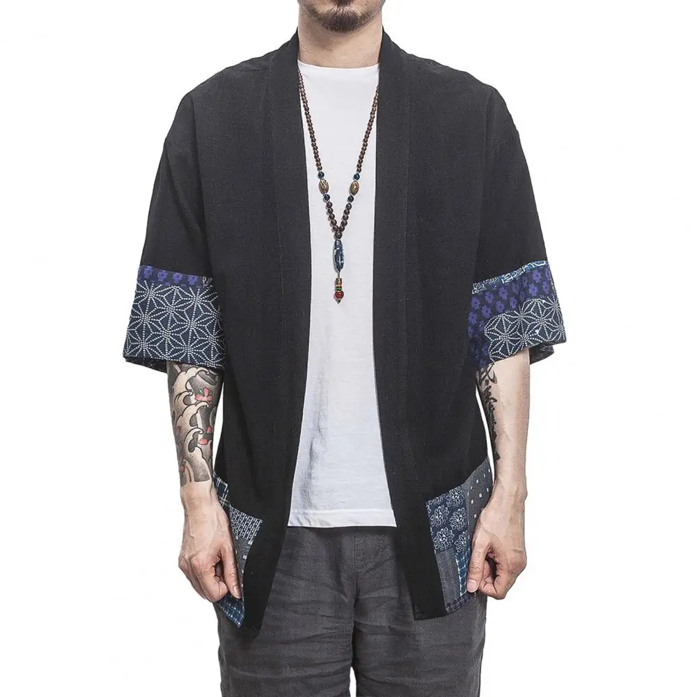 Vintage Chinese Men Retro Printing Patchwork Cardigan Coat 3/4 Sleeve Open Front Poncho Outerwear Thin Hanfu Cardigan