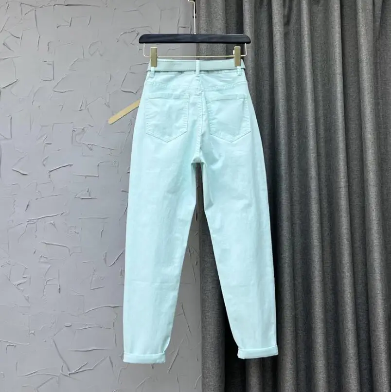 Mint Green Women Denim Pants 2022 New Spring All-match High Waist Casual Loose Harem Trousers f80