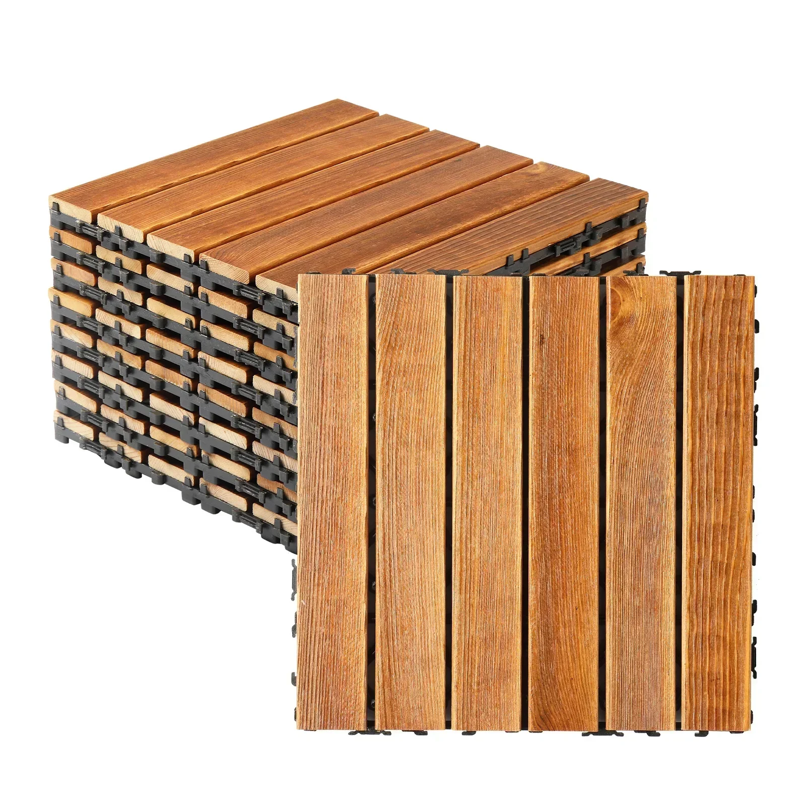 "27 baldosas de madera para cubiertas de 11,8", impermeables para interiores y exteriores. Suelo de patio ideal para porche, piscina, balcón, estampado de rayas.
