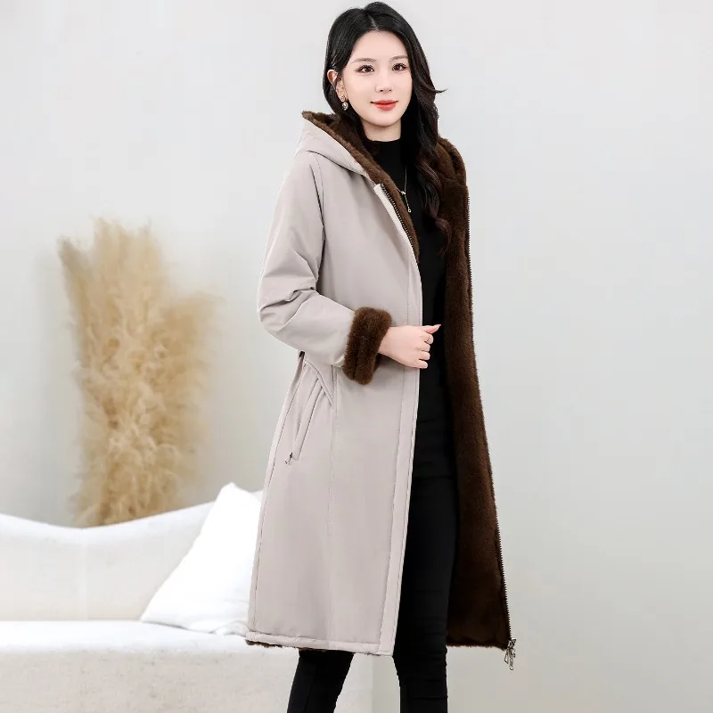 2026 Fashion Double-sided Wear Long Parkas Women Faux Mink Fur Overcoat Winter Thicken Jacket Hooded Coat Sashes Slim Outerwear