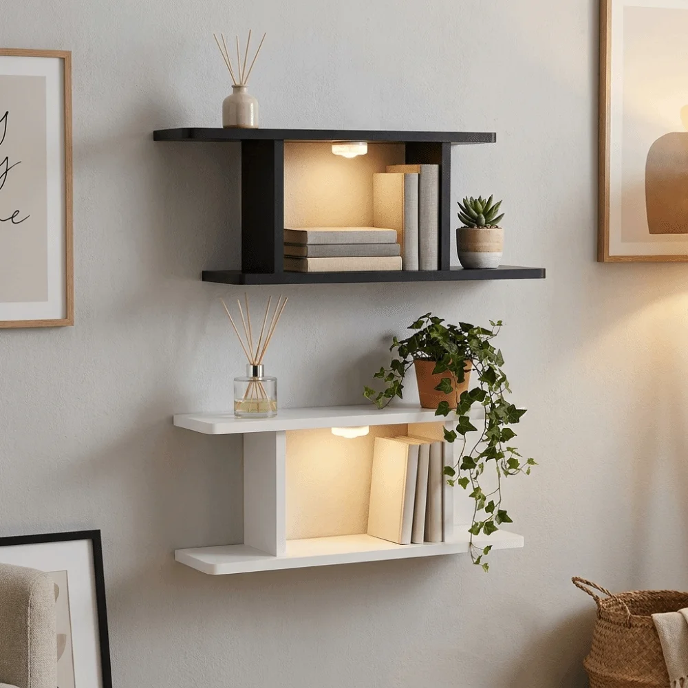 Wooden LED Light Wall Shelf Space Saving Decorative Double-Layer Display Shelf Large Capacity Wall Storage Rack for Living Room
