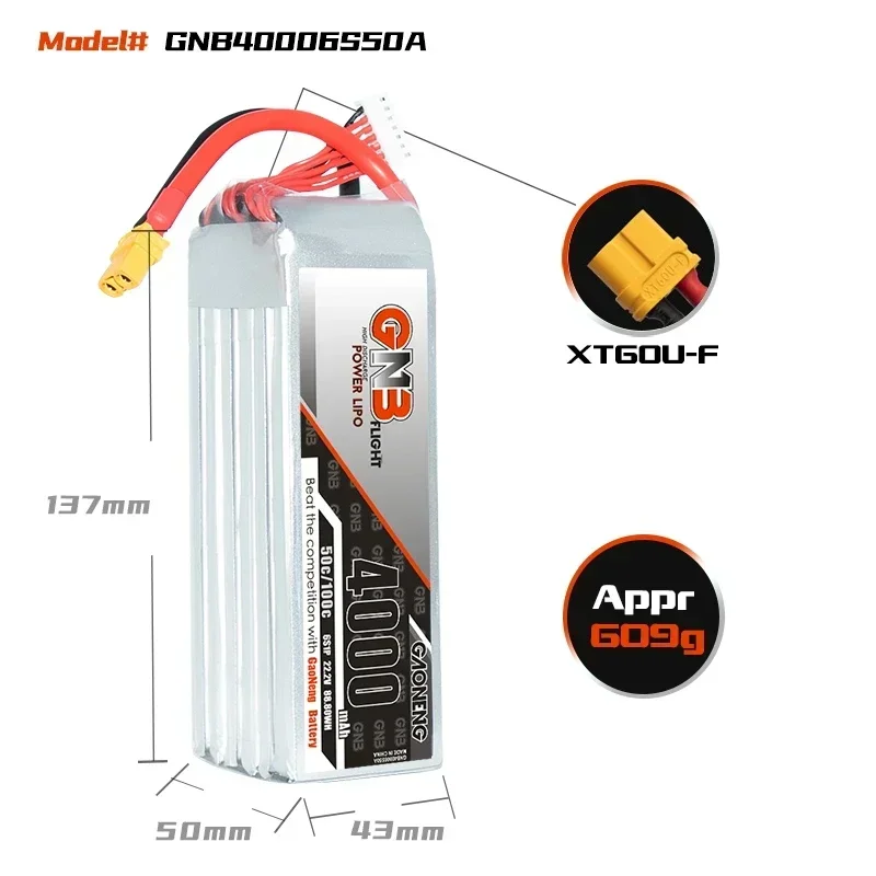 GAONENG GNB 4000mAh 6S 50C 100C 22.2V XT60 LiPo Battery FMS 70mm EDF Jets 1400mm 3D Plane Size 600mm To 700mm Helicopters