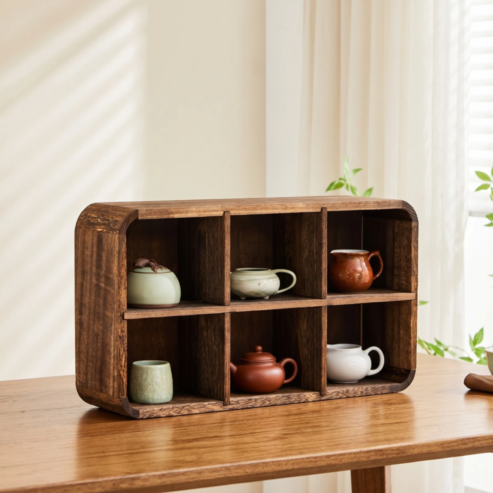 Compartment Shelf with Back Panel Carbonized Tea Cup Display Rack Teacup Display Rack Tabletop Tea Set Organizer Rustic