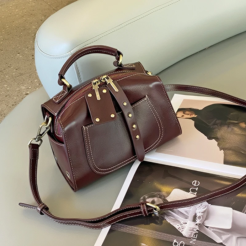 

Ladies Cow Leather Crossbody Bag Women's Retro Designer Luxury Shoulder Handbags Female Real Cowhide Commuting Boston Pillow Bag