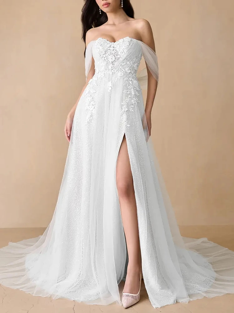 Vestido de novia de novia con cuentas de encaje de tul, corte en A, para playa, vestido romántico con abertura, vestido Formal de noche para fiesta y banquete