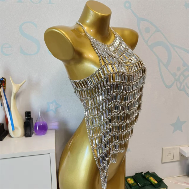 Damen Top Silber Strass Quasten Körperkette Y2K Crop Top Sexy Kristall Neckholder Strand Bikini Cover-Up Festival Schmuck Ropa+Mujer – Detail 8