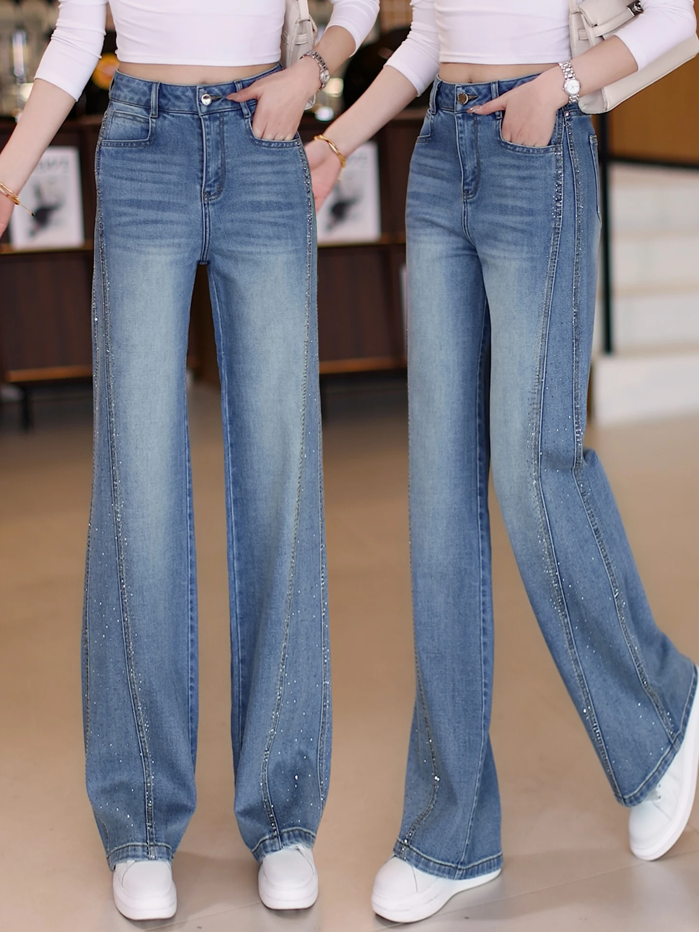 

Ретро джинсы с высокой талией, утягивающие, облегающие, женские, весна-осень 2026, новый стиль, с декором из страз, прямые джинсовые брюки