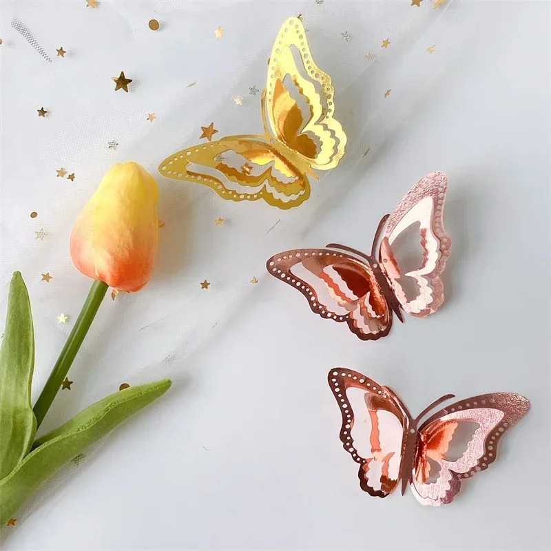 3D Hollow Layered Butterfly Multicolor Wall Sticker Home Decor Golden Butterfly Home Decor Refrigerator DIY Room Wedding Poster