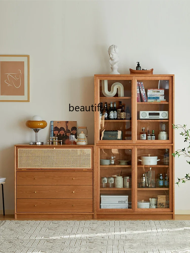 

Solid Wood Combined Bookcase Japanese-Style Cherrywood Glass with Door Storage Dining Side Display Wine Cabinet