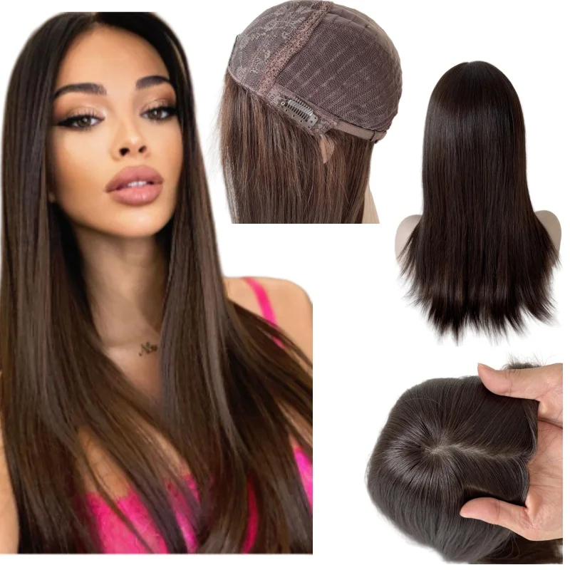 European Virgin Human Hair Dark Brown Color 2# Kosher Wigs Silky Straight 4x4 Silk Top Jewish Wig for women