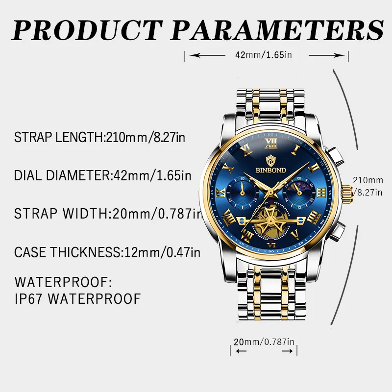 BINBOND B780 Top Brand Mens Quartz Luxury  Stainless Steel Luminescence Clock Casual Chic Waterproof Outdoor Sport Watch