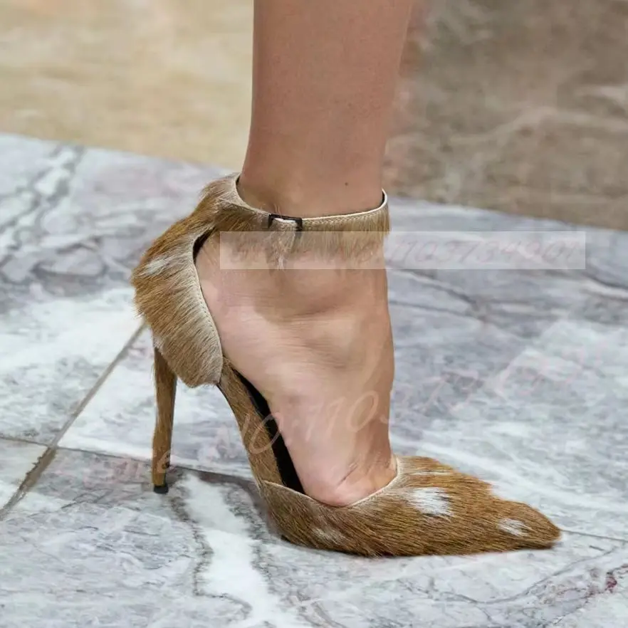 Women's Faux Fur Pointed Toe High‑Heeled Sandals Cutout Ankle Strap High Heels Sandals Runway Party Dress Pumps