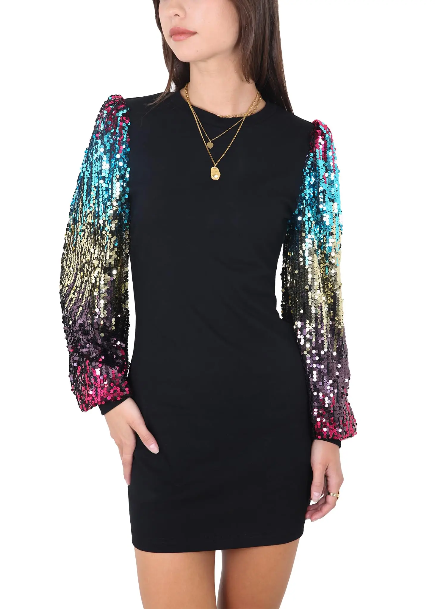 

Women's Confetti Sequin Lantern Long Sleeve Round Neck Pullover Dress Party Cocktail Sexy Mini Dresses