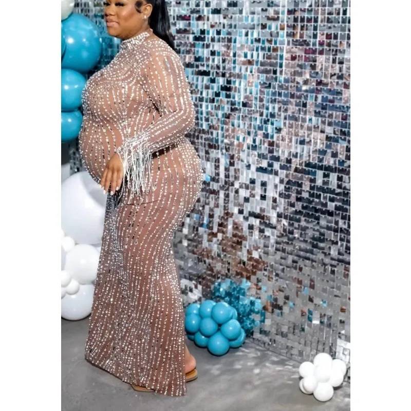 

Maternity Rhinestone Dress Fringe Sleeves - Stretch Pregnancy Gown- Baby Shower & Photo Shoot - Elegant Mother-to-Be Party Dress