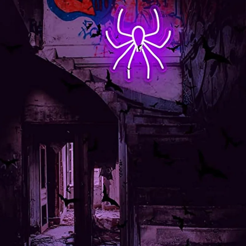 Halloween Spider Neon Sign Decor Purple LED Spider Shape Neon Wall Decor For Bedroom Bar Christmas Birthday Party Supply