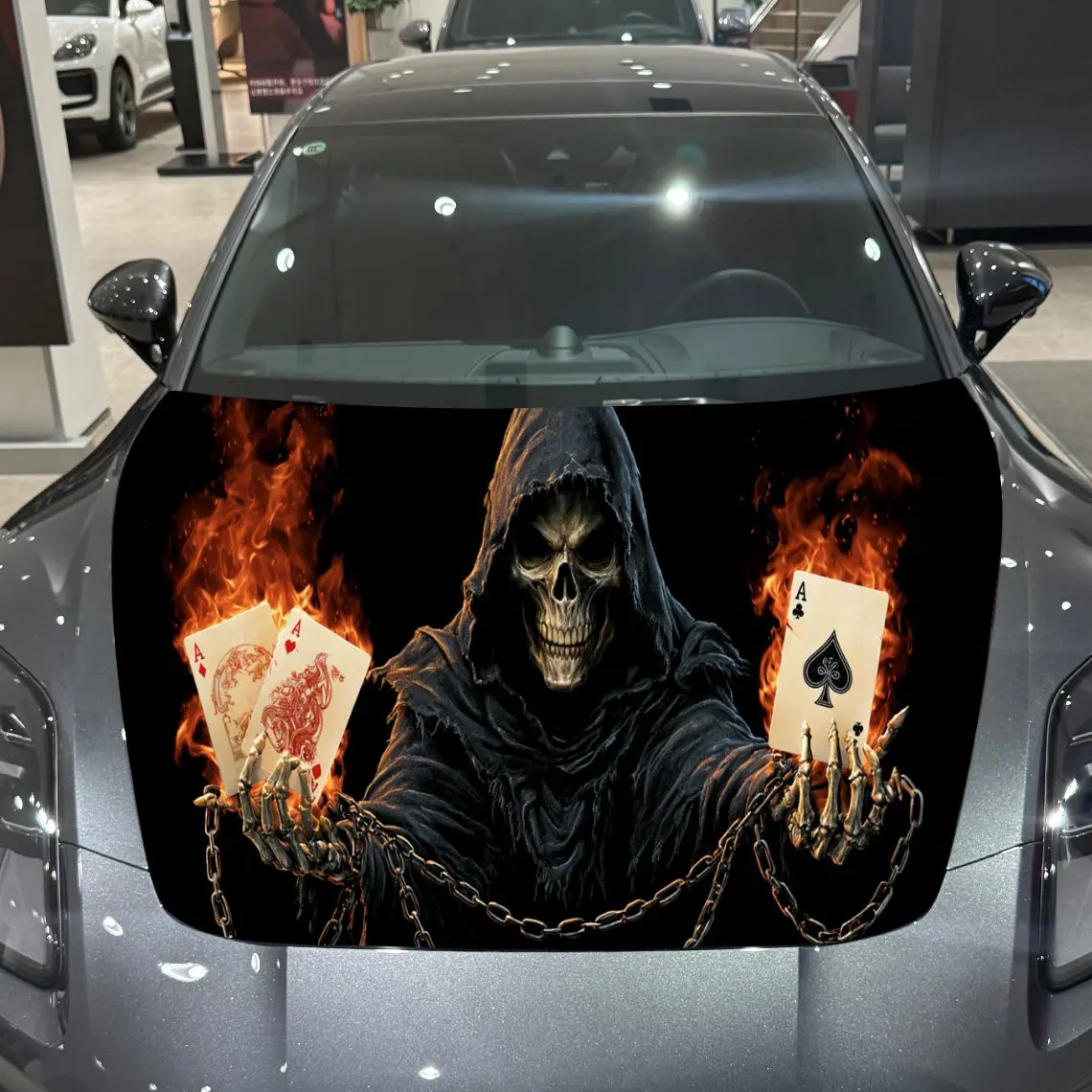 

Grim Reaper Fire Card Mystic Thrill PVC Car Hood Wraps, Self-Adhesive Waterproof Car Bonnet Decal Sticker, Car Decoration Protec