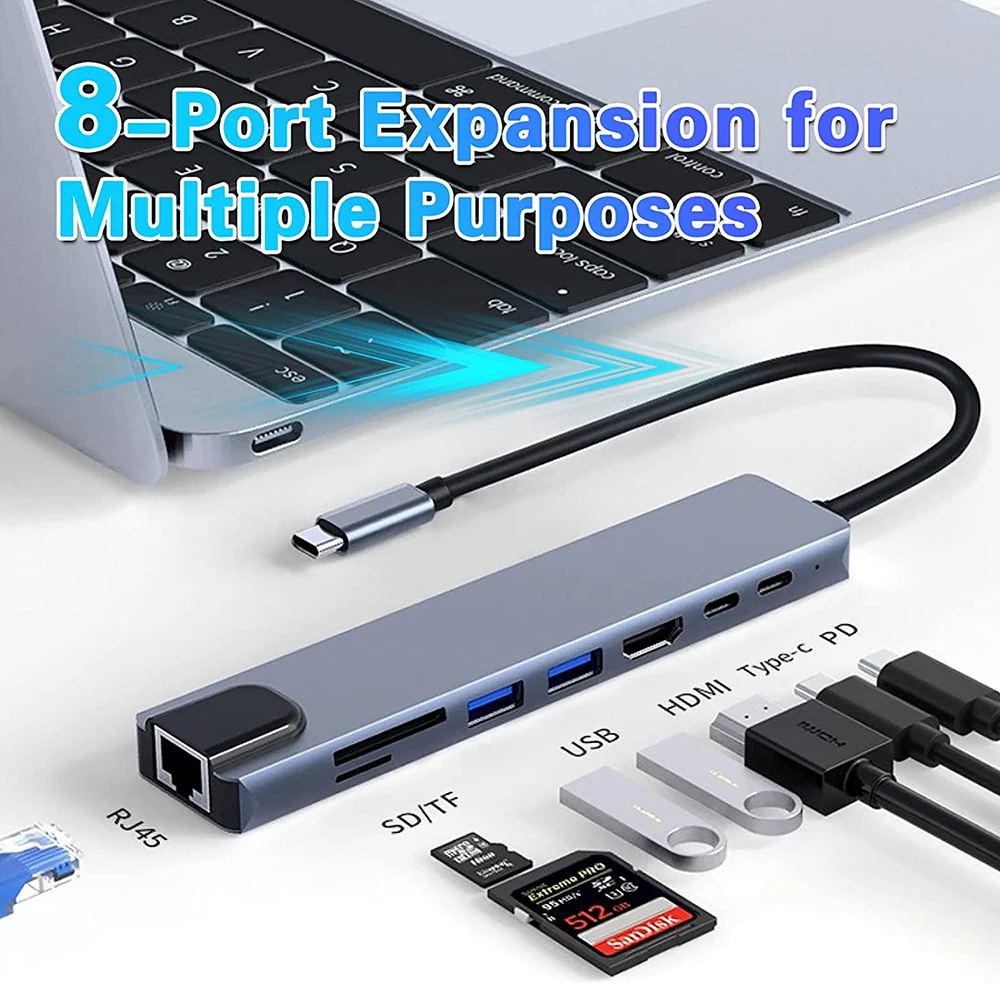 USB C HUB 3.0 USB Splitter 8 in 1 Type C to HDMI RJ45 PD 87W Adapter USB 3.0 HUB With SD TF Card Read 3 Hab For Macbook Air iPad