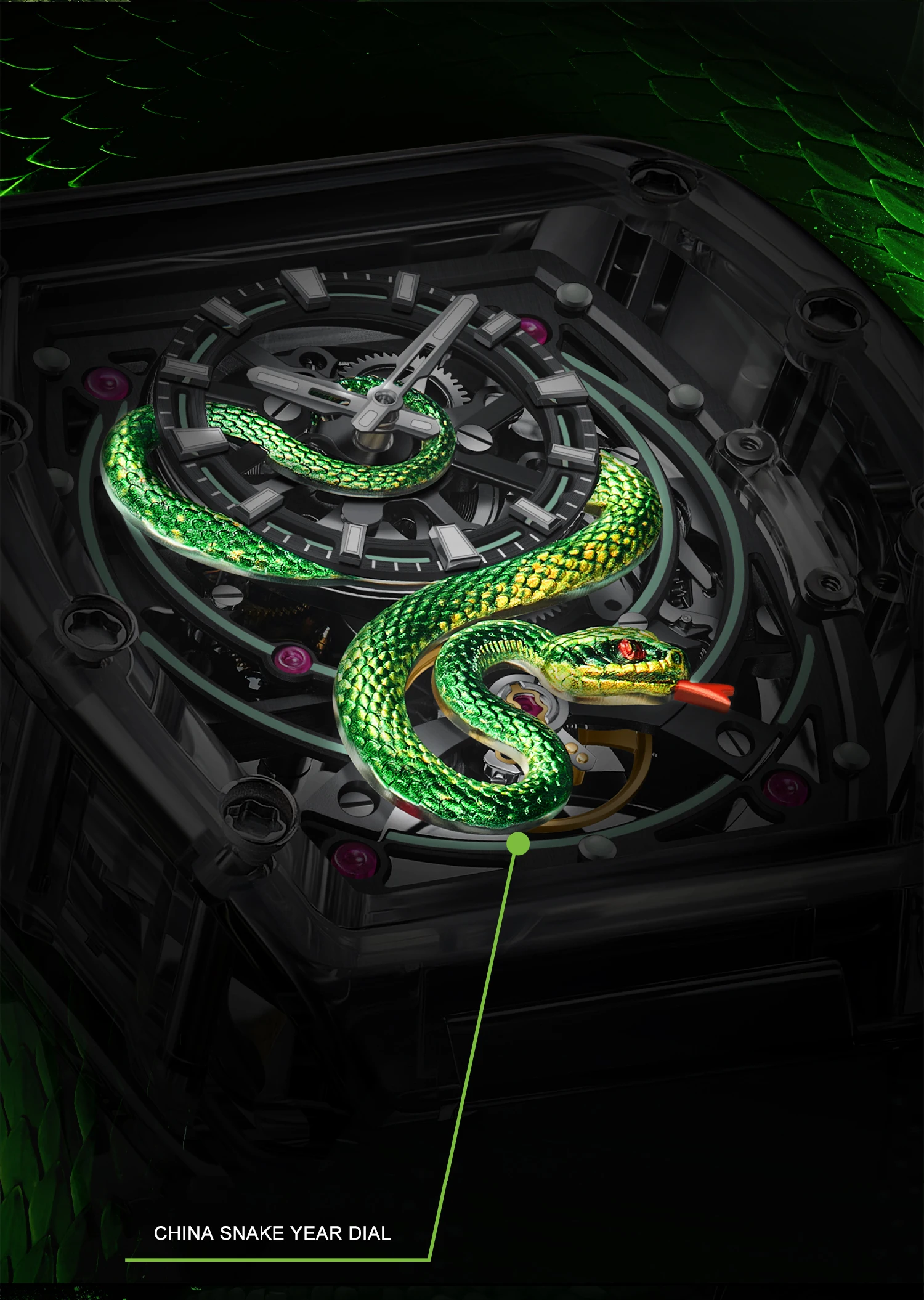 Reloj Automático BONEST GATTI para hombre, reloj de pulsera mecánico con carcasa acrílica Tonneau de 45mm, esfera de serpiente con esqueleto luminoso resistente al agua hasta 50M