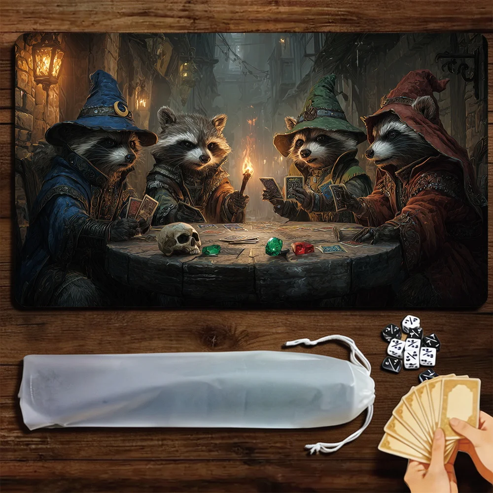 Raccoon Card Party TCG Playmat Magic Playmat Gathering Gaming Mat with Stitched Edge Anti-slip base 60X35cm Trading Card Game
