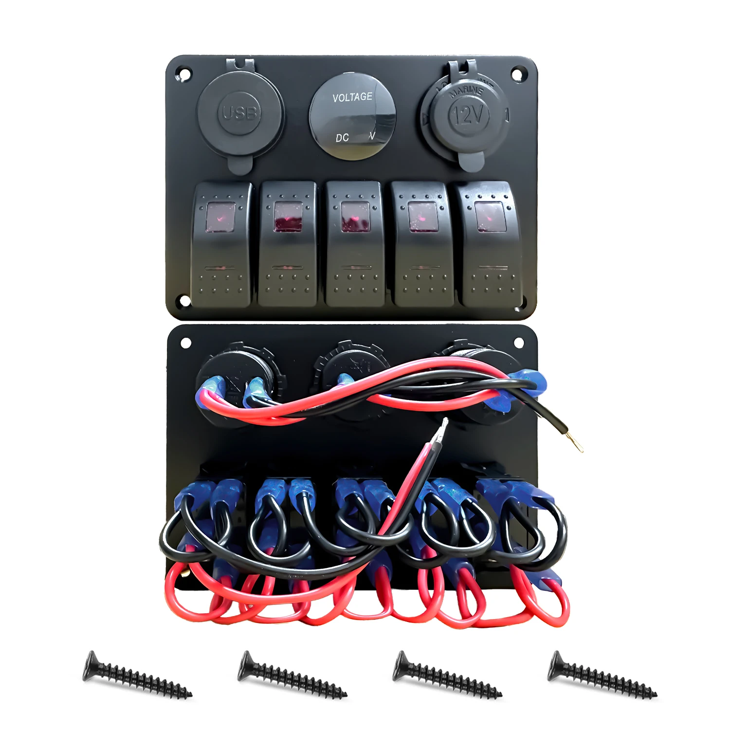 

5-Gang Rocker Switch Panel ABS Aluminum with LED Voltmeter USB, Car Modification Switches for Automotive RV Boat Marine 12V 24V