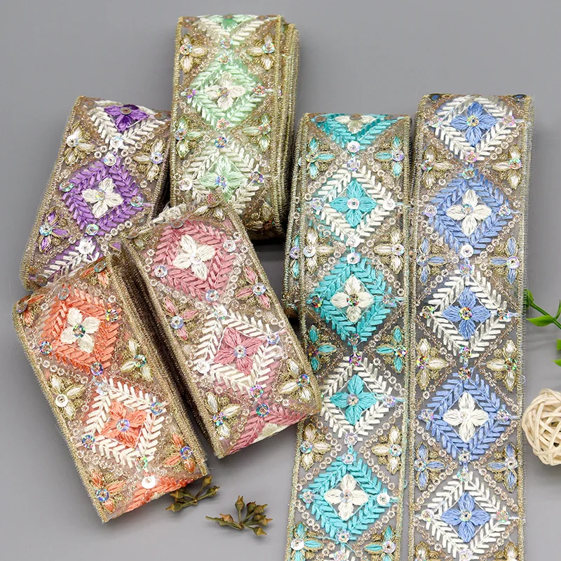 

30Yards Organza Lace Luxury Sequins Trimming Metallic Yarn Embroidered Lace Ethnic Brocade Embroidery Lace Trim