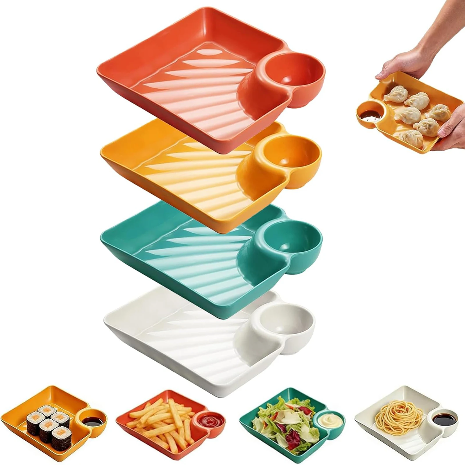 4Pcs Dumpling Plate with Dipping Saucer Reusable Divided Snack Serving Dishes for Appetizer Sushi Taco Salsa Charcuterie