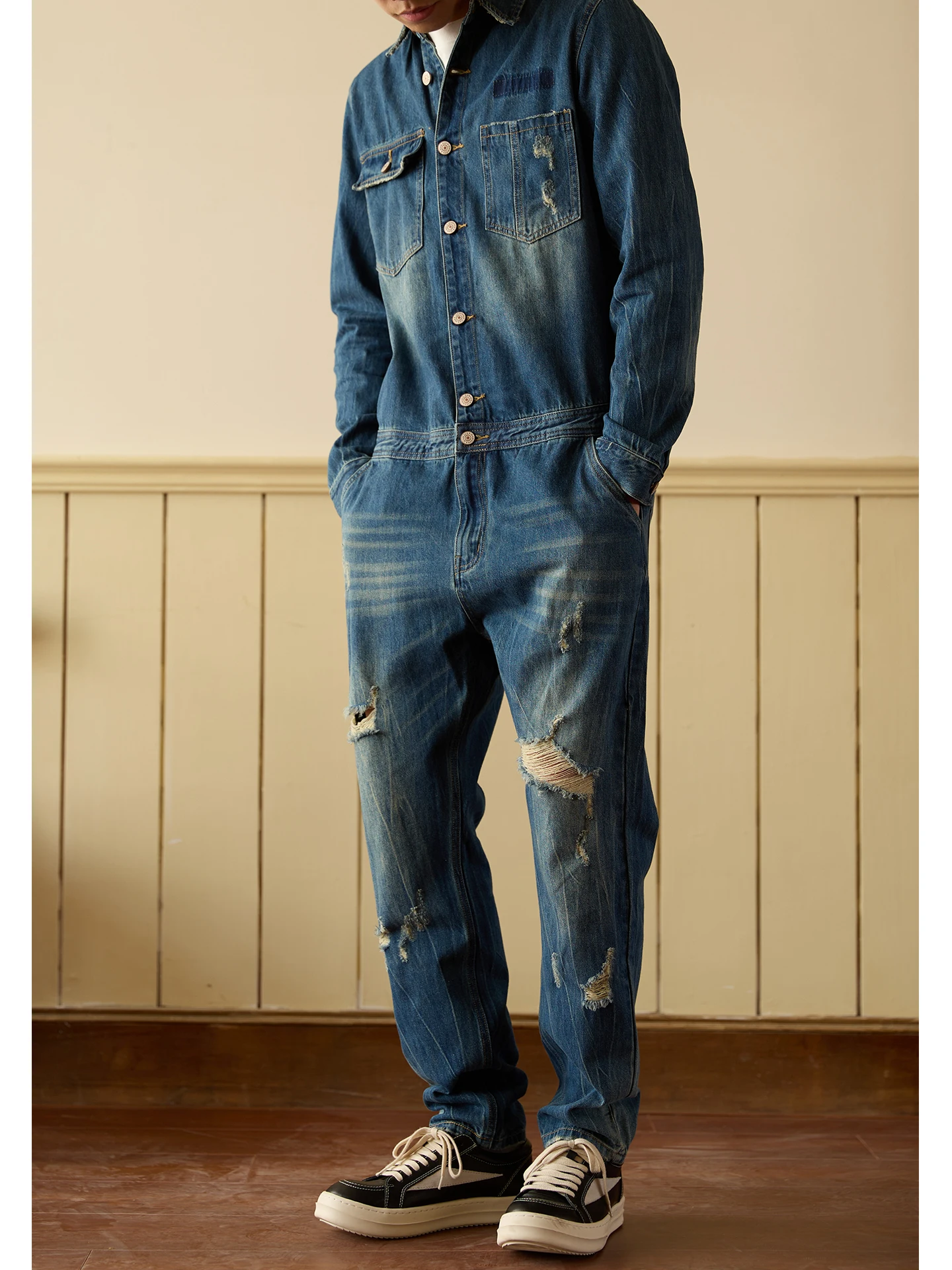 Retro Washed Denim Workwear Long Sleeve Set Men's Trendy Brand Hole Personality One-Piece Overalls Men's Clothing Set