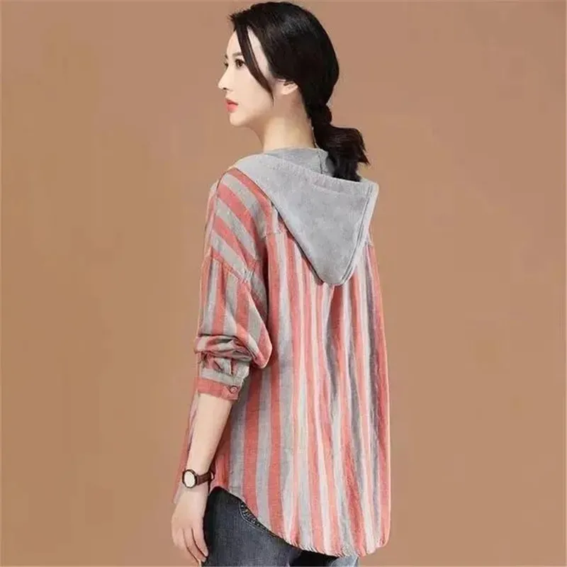 

Vintage Stripe Shirts Women Spring Autumn Hooded Cotton Linen Shirt Korean Fashion Casual Fall Shirt Outerwear Tops