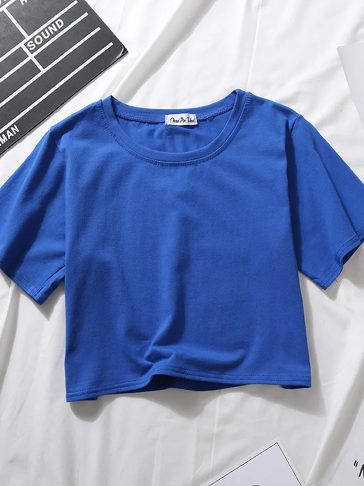 Summer Short Sleeve T Shirts Women Cotton Solid T-shirt O Neck High Waist Crop Top Tee Female Casual Loose T Shirt