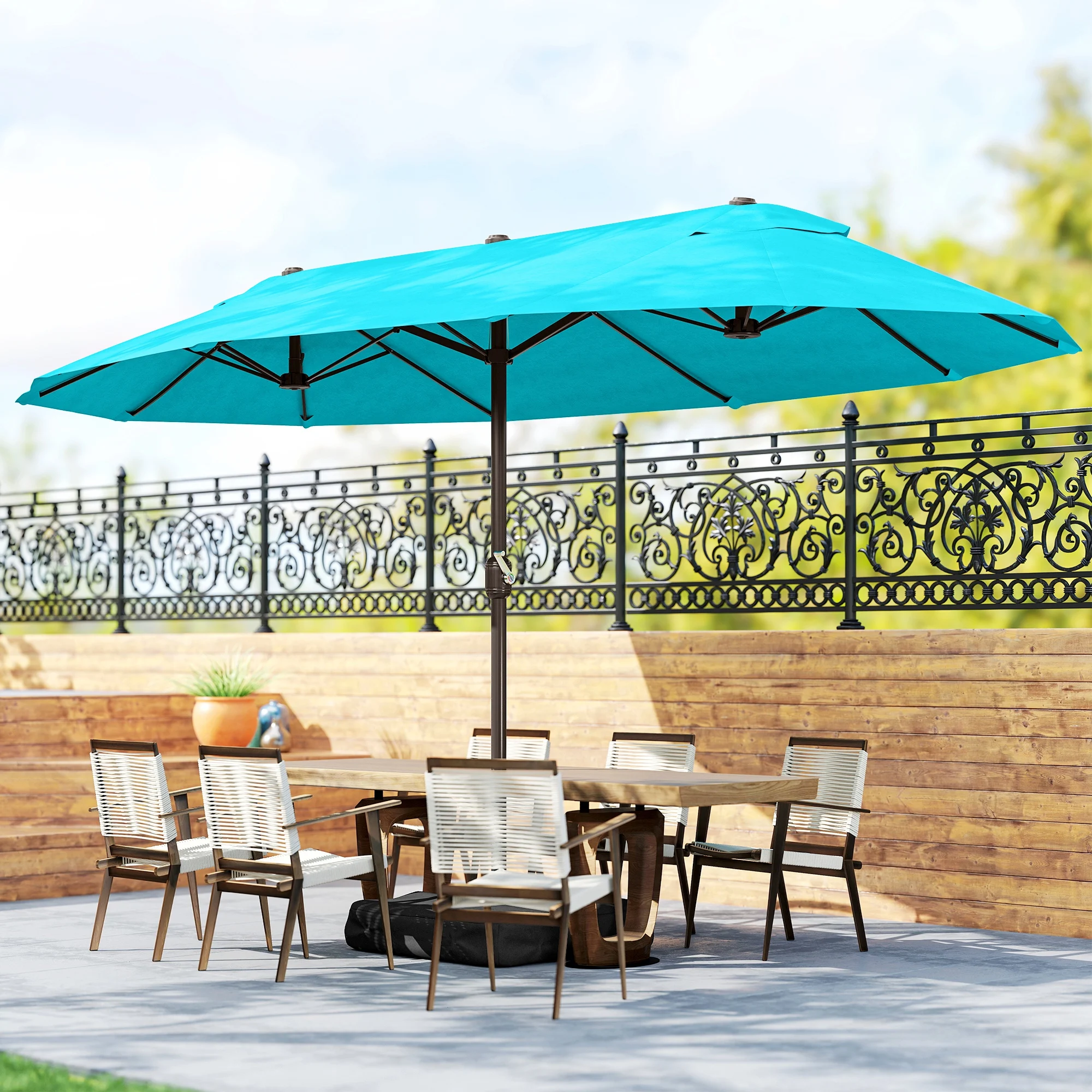 Patio Umbrella, 15' Steel Rectangular Outdoor Double Sided Market Umbrella with Base, Sun Protection & Easy Crank, Blue