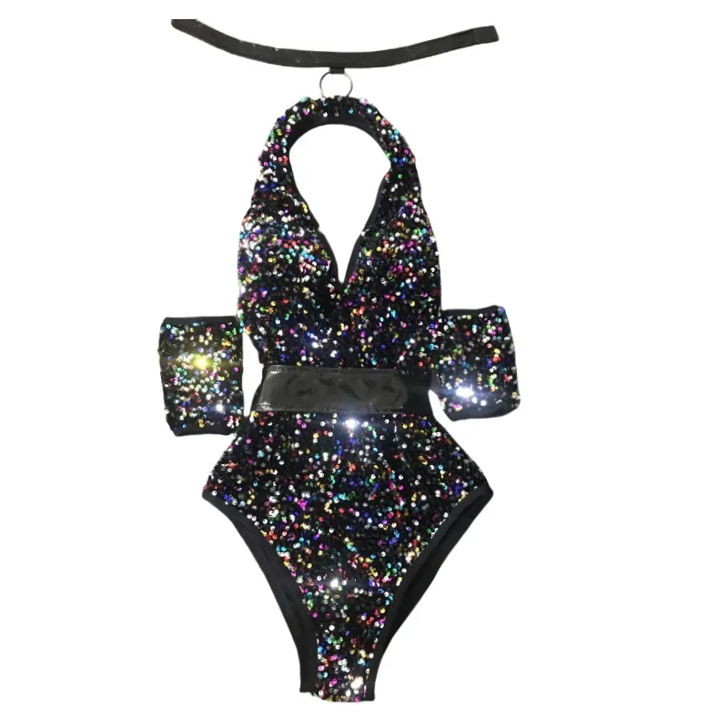 Sexy Backless Halter Sequin Bodysuit Nightclub Bar DJ Singer Team Stage Costume Pole Dance Leotard Performance Party Rave Outfit