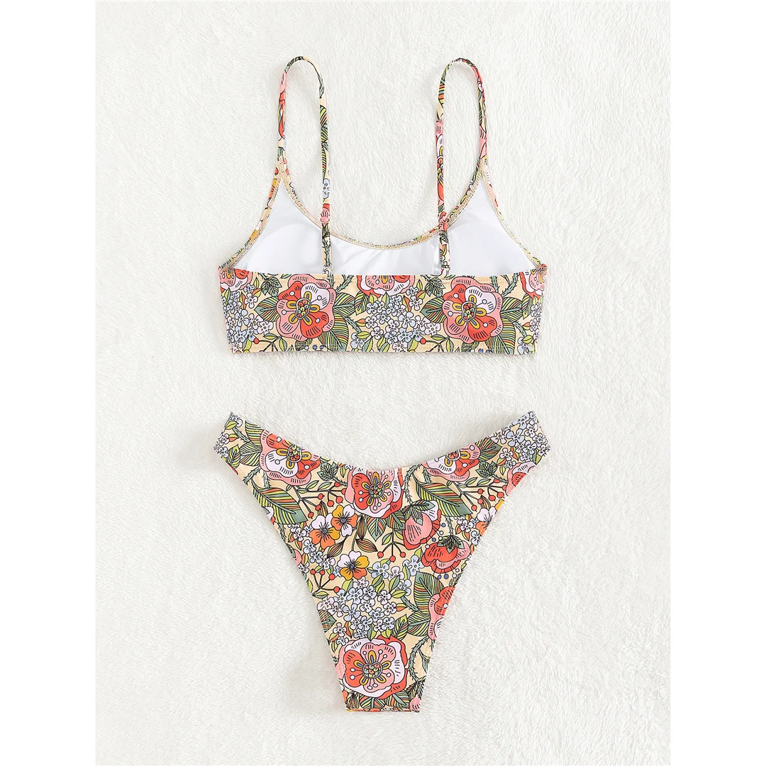 Brasilianischer Bikini mit Blumenmuster, mittelhoher Bund, Damen-Badebekleidung, zweiteiliges Bikini-Set, Badeanzug, Badebekleidung, Modell V5002. – Detail 15