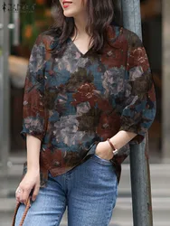 ZANZEA Bohemian Floral Printed Blouse Spring 3/4 Sleeve V-Neck Tunic Tops Casual Street Shirt Female Elegant Loose Blusas Mujer