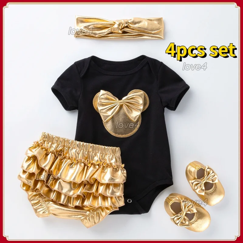 

Baby Clothes Set Girl 0 12 Months Short Sleeve Romper+Sweet Heart Gold PP Pants+shoes+headband Newborn Photoshoot Outfit