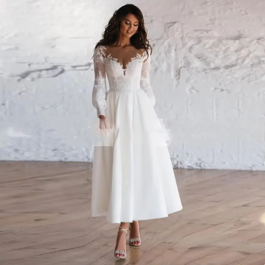 Bridal Gown Ankle Length Custom Made Civil Robe De Mariee Vintage Beach Short Wedding Dress For Woman With Long Sleeves