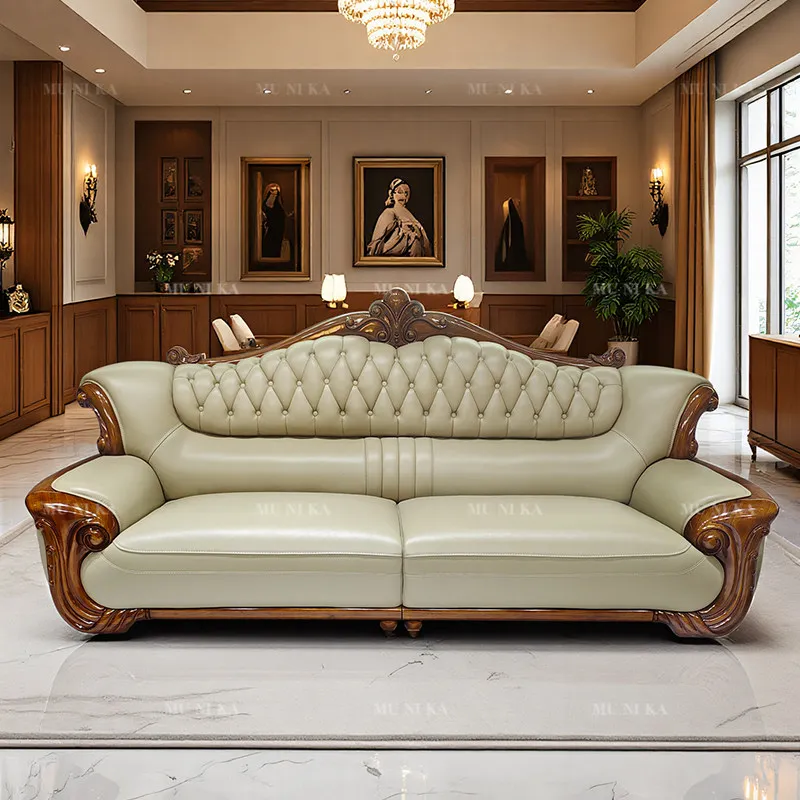 European-style genuine leather sofa, large villa with a large flat unit 124 combo on the first floor, genuine wood living room l