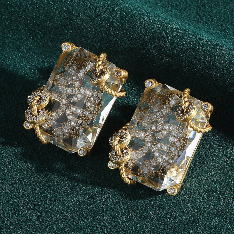 

Vintage Transparent Square Crystal Wealth Earrings Studs Antique Gold Color High Quality Carnival Party Luxury Quality Jewelry