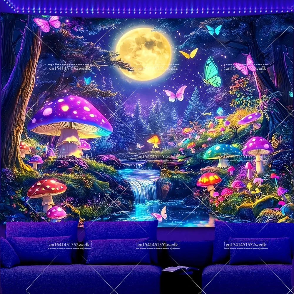 Forest Butterfly Moon Blacklight Tapestry UV Reactive Flowers Neon Tapestry Fluorescent Tapestries Aesthetic Wall Art Backdrops