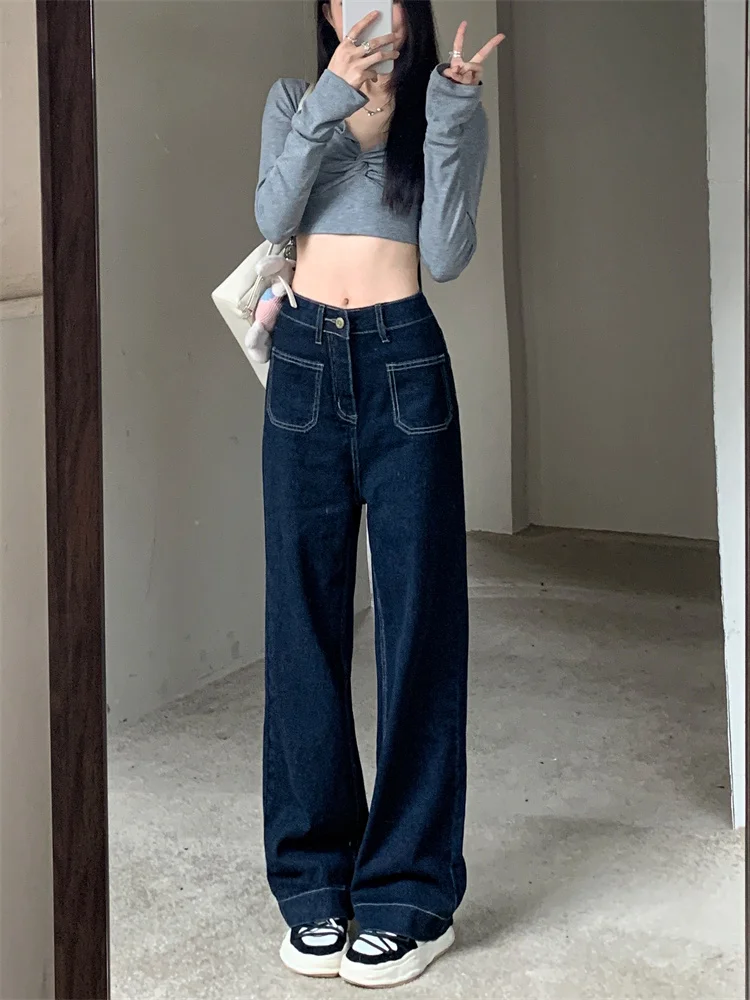 Women's Spring Autumn American Vintage Dark Navy Raw Denim Pants High Waist Contrast Stitch Wide Leg Floor Length Pants Tall Look Hide Fat Casual Long Trousers