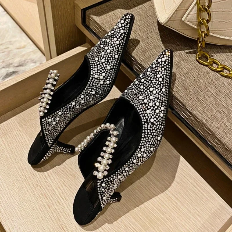 

2024 Fashion New Bling Rhinestone Pointed Sandals Pumps Desiger Dress Luxury Imitation Pearl High-heeled Shoes Party for Women