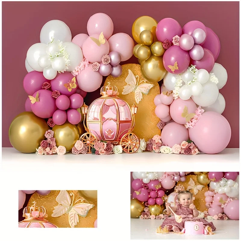 

LS Pink Gold Princess Balloons Photography Backdrops Kids Girl Birthday Cake Smash Photocall Props Child Baby Photo Backgrounds