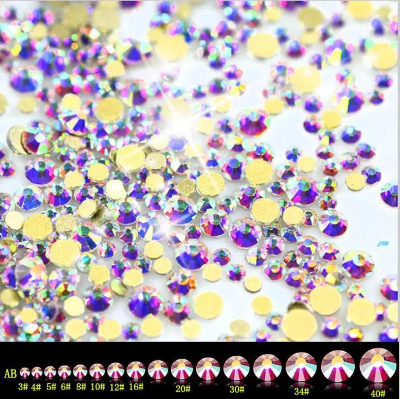 size s2~ss50 Crystal AB/clear Rhinestones Non HotFix Gold Base FlatBack Strass Sewing & Fabric Garment Rhinestone Nail Art Stone