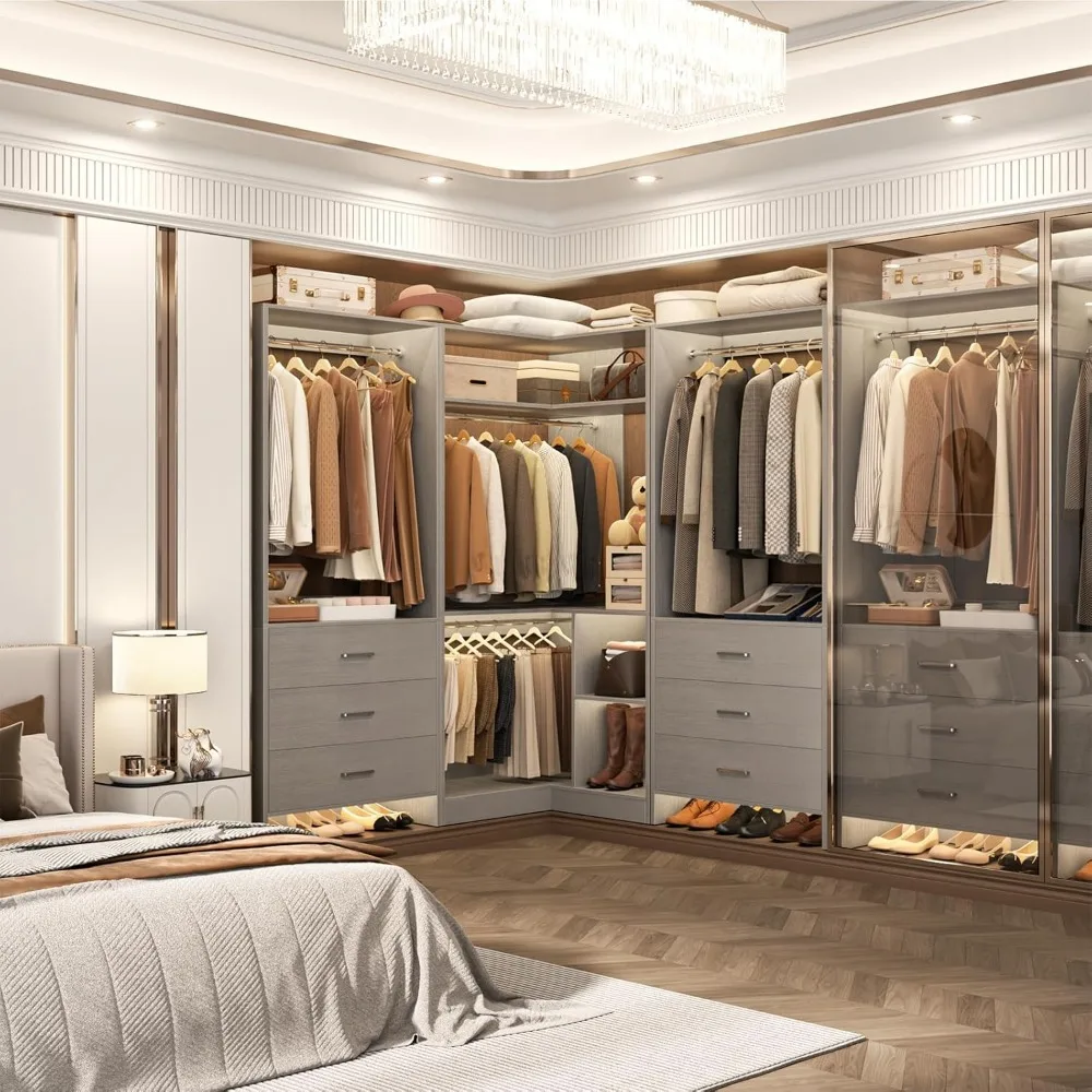 

Closet System with 6 Drawers, 4 Hanging Rods & Corner Tower, Corner Closet System with Hanging,92.6" L-Shaped Walk-In