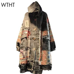 WTHT Fashion Women Spliced Geometric Print Denim Long Coat 2024 Autumn Trendy Single Breasted Hooded Design Jacket Female 1LS211