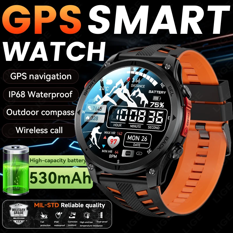 LIGE Military GPS Smartwatch Built-in GPS Compass 530mAh 1.46